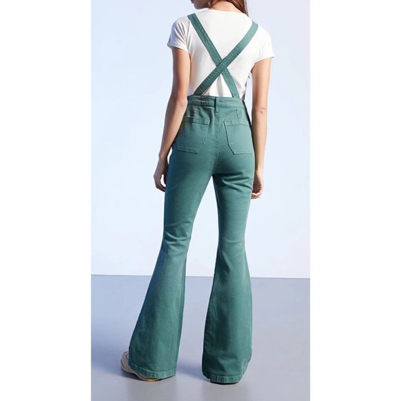 Pacsun Denim Bib Overalls Junior 25 Green Bell Bottom Flare Boho Coachella Rare - Picture 3 of 13